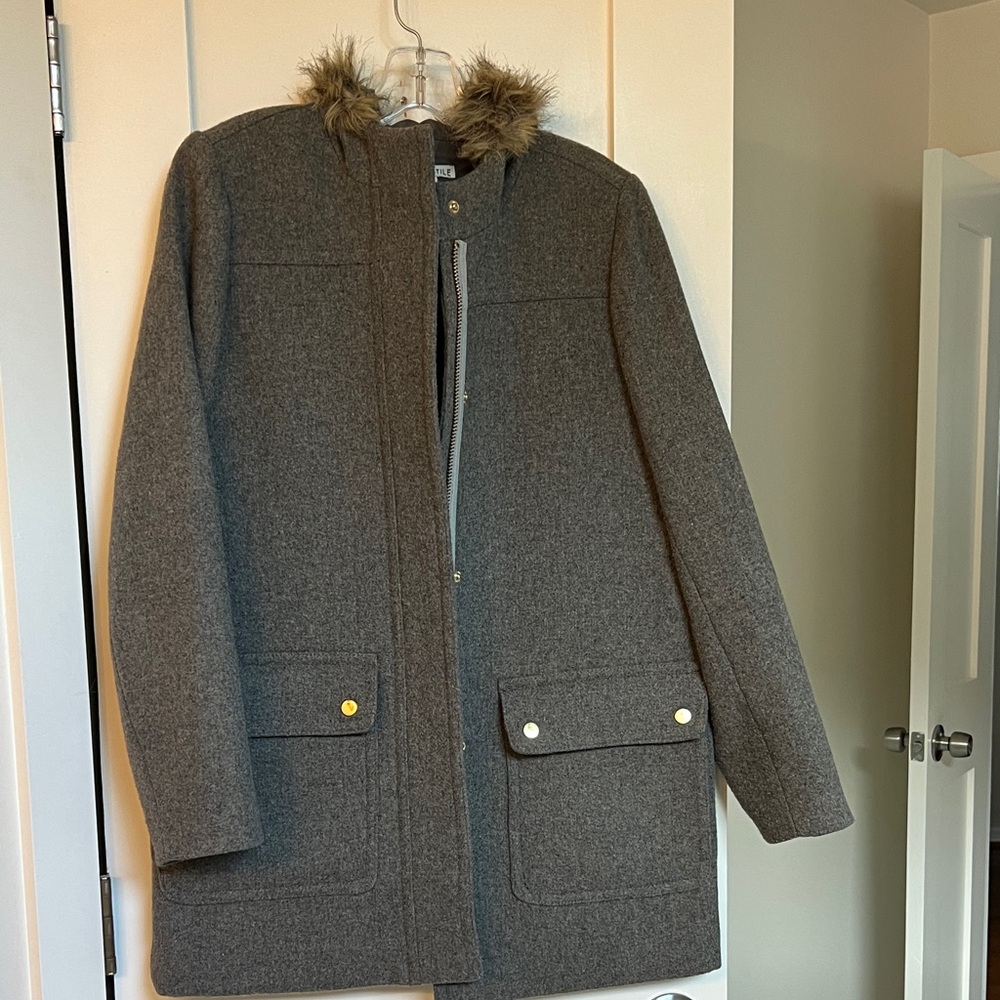 J. Crew Gray Coat with Faux Fur Trim